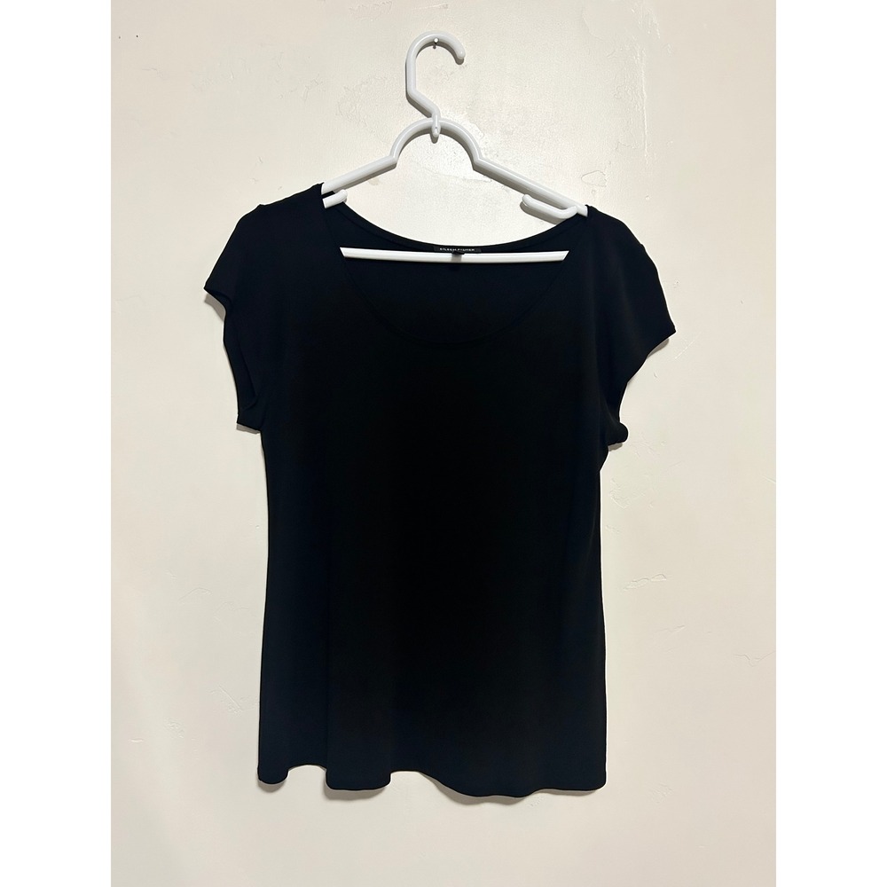 Eileen Fisher Womens Black 100% Silk Scoop Neck Short Sleeve Top Size L